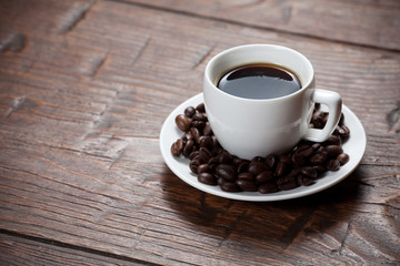 Coffee cup and saucer on wooden table