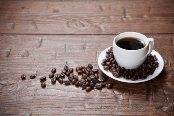 Coffee cup and saucer on wooden table