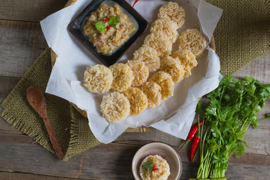 Traditional thai style food :Crispy rice cake and pork and shrim