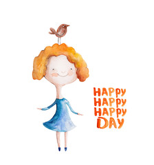 Girl  in blue dress with red hair with bird. Vector