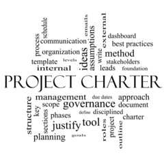 Project Charter Word Cloud Concept in black and white