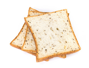 closeup cereal and black sesame bread on white background
