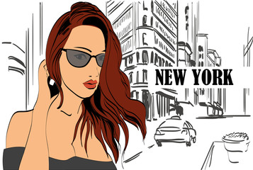 Illustration of a  woman  on the street New York city
