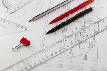 stationery, project drafts on a table