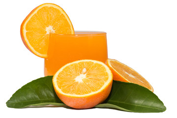 Orange juice and slices of orange isolated on white