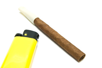 single Cigarillo and yellow lighter