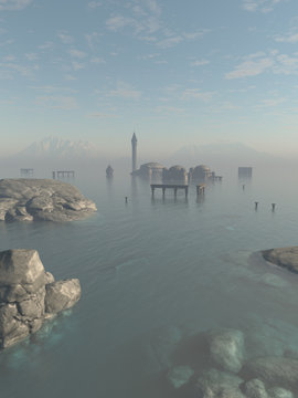 Drowned City Ruins of Atlantis, Fantasy Illustration