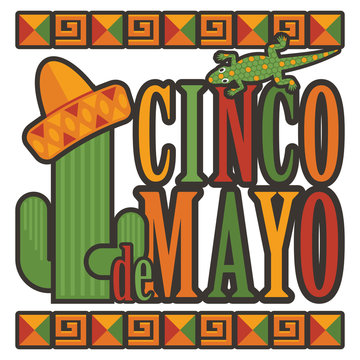 mexican cinco de mayo lettering decoration vector cactus sombrero lizard mosaic clipart isolated on white
