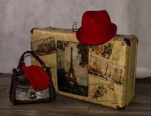 beautiful red hat,  gloves handbag and suitcase-style Shabby chi