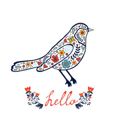 Concept hello card with floral decorative bird