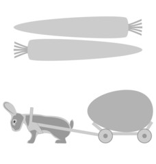 Grey rabbit pulls a cart with egg and carrot frames on white bac