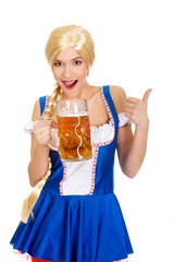 Bavarian woman with beer and thumbs up.