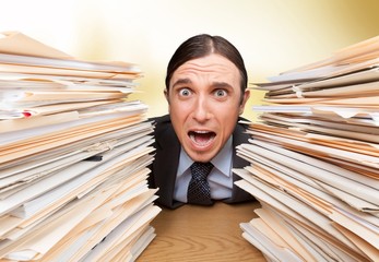 Emotional Stress. Wide-Eyed Office Worker Screams for Help btwn