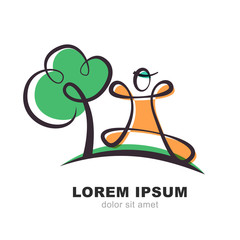 Abstract logo design template. Running man and green tree. Summe