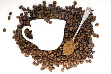coffee beans, white silhouette of a cup and spoon