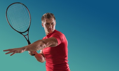 Sports. One man tennis player portrait  in silhouette on white
