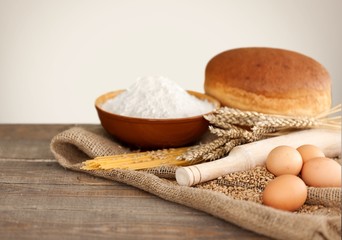 Wheat. Organic ingredients for bread preparation with golden