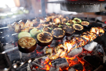 Vegetables and meat on skewers