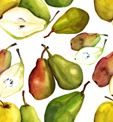 Watercolor pears and apples seamless background pattern