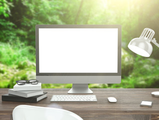 3D illustration PC screen on table, Workspace on nature