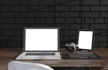 3D illustration laptopand work stuff on table near brick wall