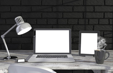 Fototapeta premium 3D illustration laptopand work stuff on table near brick wall