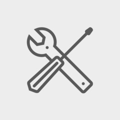 Screw driver and wrench tools thin line icon