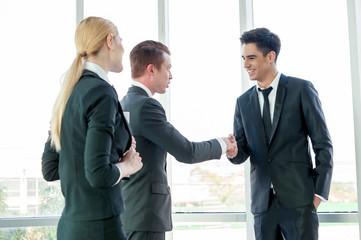 business partners discussing documents and ideas at meeting, han