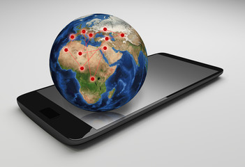 smartphone on white background and 3d earth