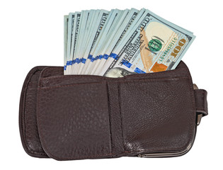 Wallet open with a dollar bill sticking out, isolated on white