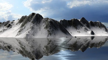 calm waters of a glacier lake with Snowy mountains behin