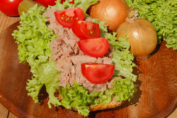 Fischbrötchen mit Thunfischfilet, Salat, Gewürzgurken, Zwiebeln