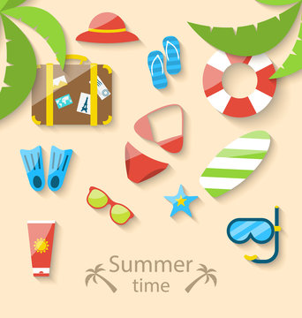 Summer vacation time with flat set colorful simple icons