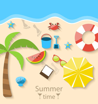 Summer time with flat set colorful simple icons on the beach