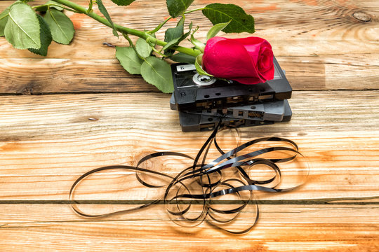 rose and vintage audio cassette on a wooden background.