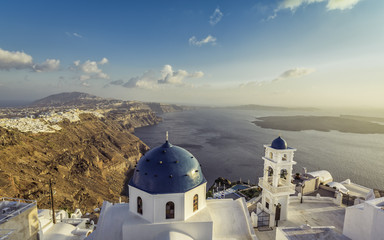 High angle view of Santorini blue dome churches, Greece