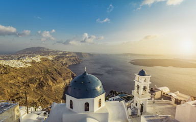 High angle view of Santorini blue dome churches, Greece
