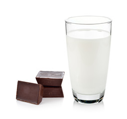 Glass of milk and chocolate isolated on white