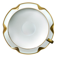 Realistic fine china white cup and saucer with gold rim