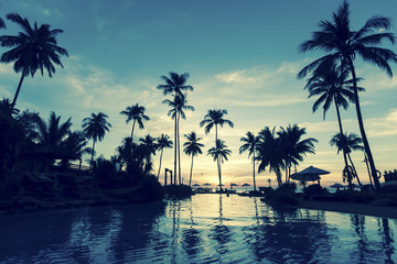 Fototapeta na wymiar Sunset on the tropical ocean beach. Cross-process style photo.