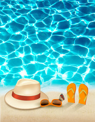 Vacation background with blue sea, a hat and sunglasses. Vector.