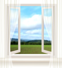 Fototapeta na wymiar Background with an open window and a landscape. Vector.
