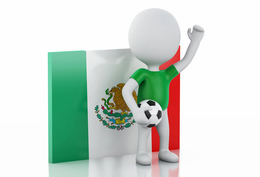 3d white people with Mexico flag and soccer ball.