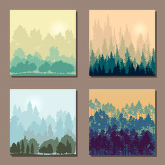 set of different landscapes with trees an rising sun
