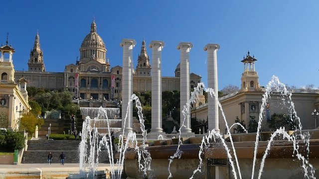View of Catalunya National Museum of Art. Barcelona, Spain. Slow
