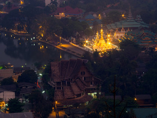 Fototapeta na wymiar Wat Jong Klang from bird eye view, during dark night period, pre
