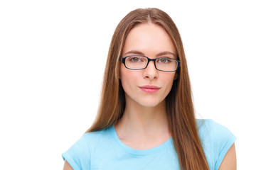 Fototapeta premium Beautiful young woman with glasses portrait isolated on white.