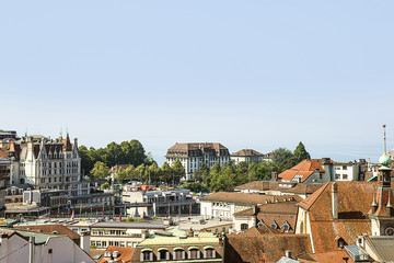Fototapeta na wymiar Lausanne skyline view to Geneva Lake in summertime in Switzerlan
