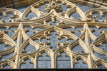 Top part of St. Vitus Cathedral window, Prague, Czech.