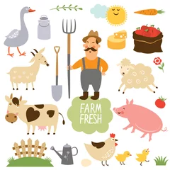 Fototapete Bauernhof Vektorillustration von Nutztieren und verwandten Gegenständen